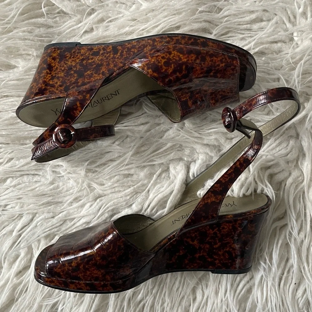 Yves Saint Laurent Vintage Y2K 90s Brown Patent Leather Animal Print Sandals 8.5